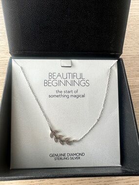 Source Unknown Silver Leaf Pendant Necklace with Diamond Accents